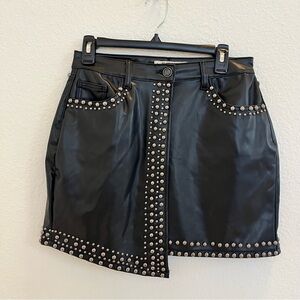 Black Studded Faux Leather Mini Skirt Asymmetrical Hem Rock Chic Y2K